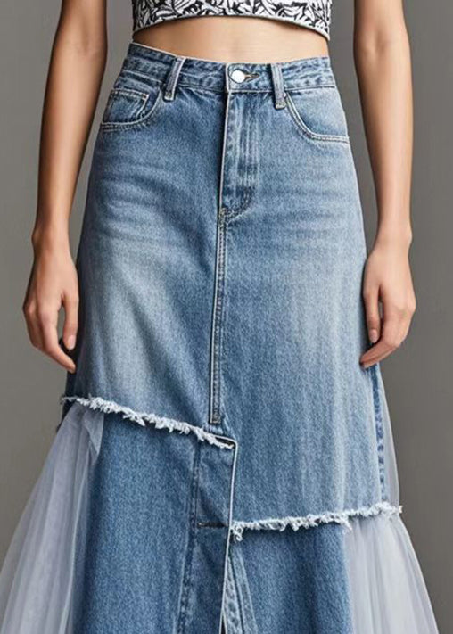 Dames Denimrok met Tule Patchwork en Zij-openingen 2