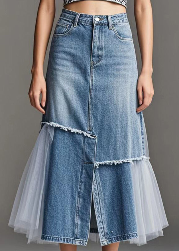 Dames Denimrok met Tule Patchwork en Zij-openingen 3