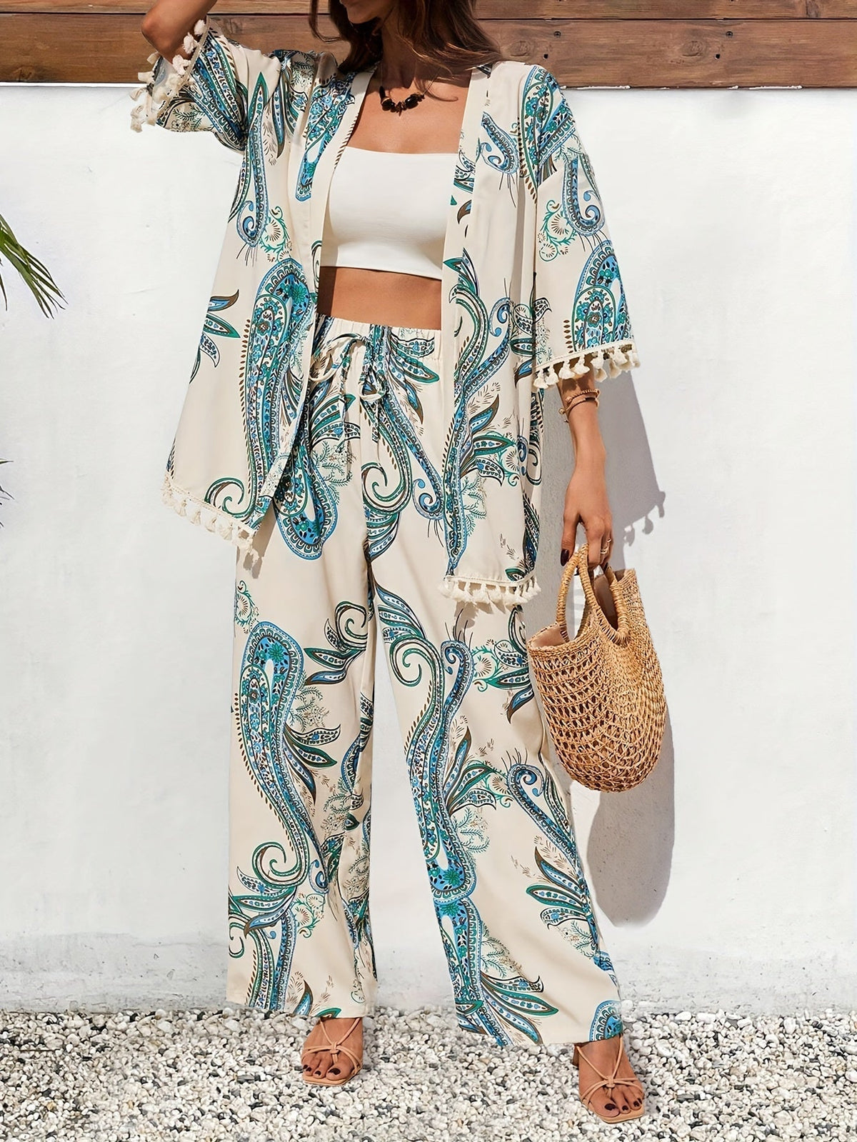 Dames Driedelige Set met Paisleyprint en Kimono 1