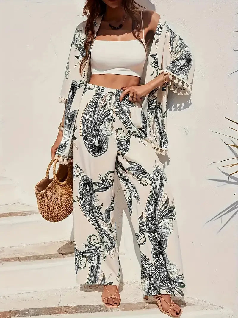 Dames Driedelige Set met Paisleyprint en Kimono 3