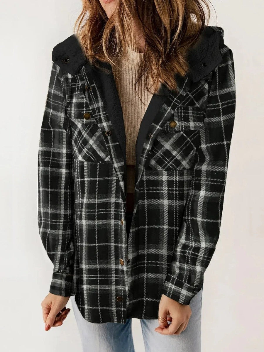 Dames Fleece Shacket Geruit met Capuchon 2
