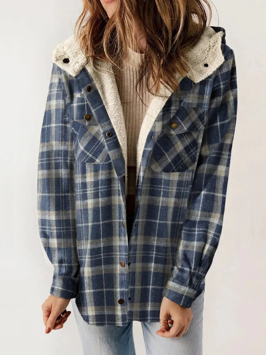 Dames Fleece Shacket Geruit met Capuchon 3