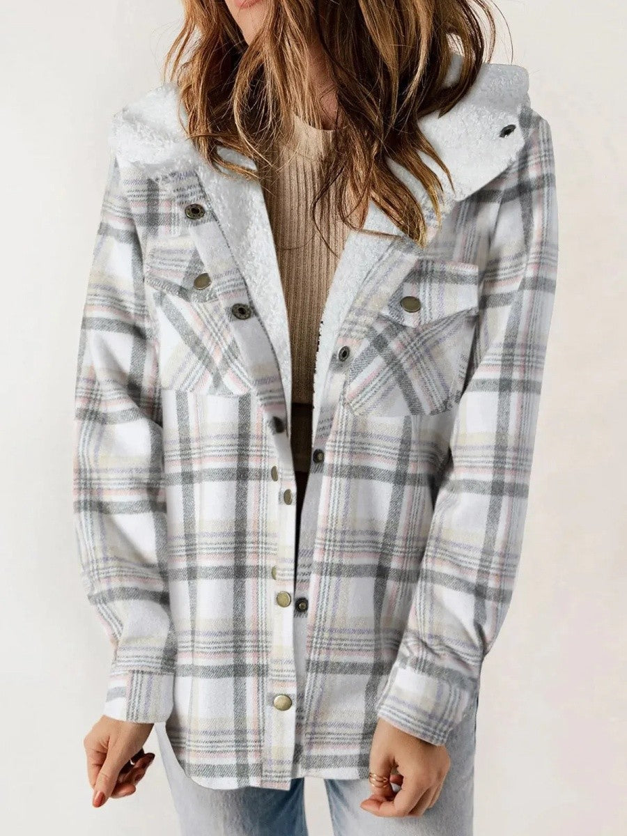 Dames Fleece Shacket Geruit met Capuchon 4