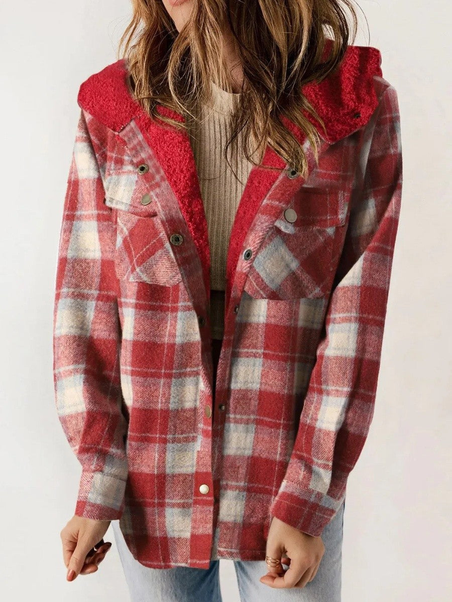 Dames Fleece Shacket Geruit met Capuchon 7