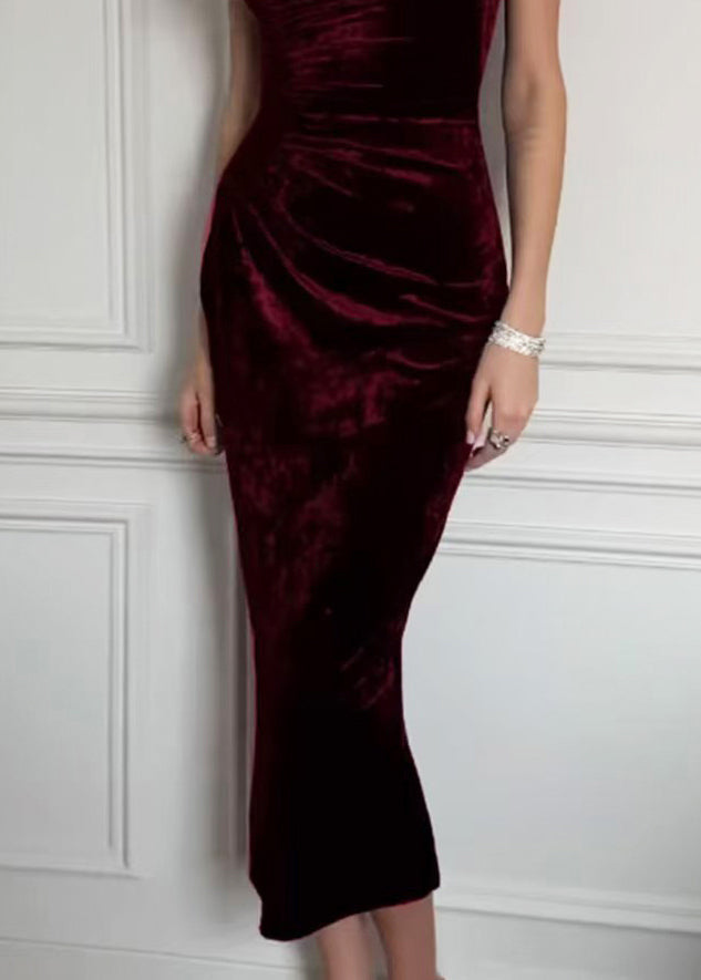 Dames Fluwelen Jurk O-hals met Rugsplit en Gerimpelde Details 3