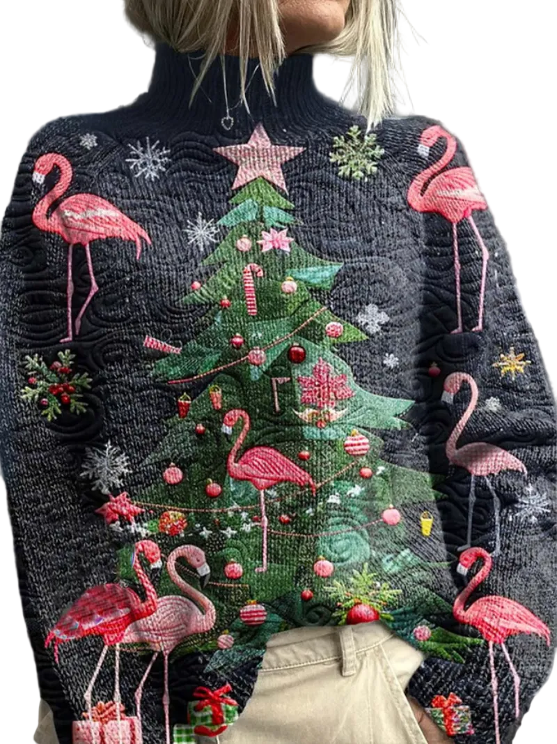 Dames Foute Kersttrui Met Flamingo's En Hoge Kraag 0