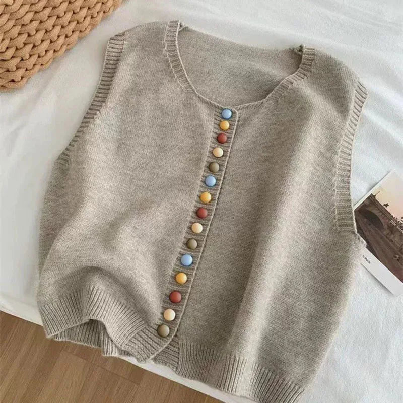 Dames Gebreid Vest met Kleurrijke Knoopaccenten 2