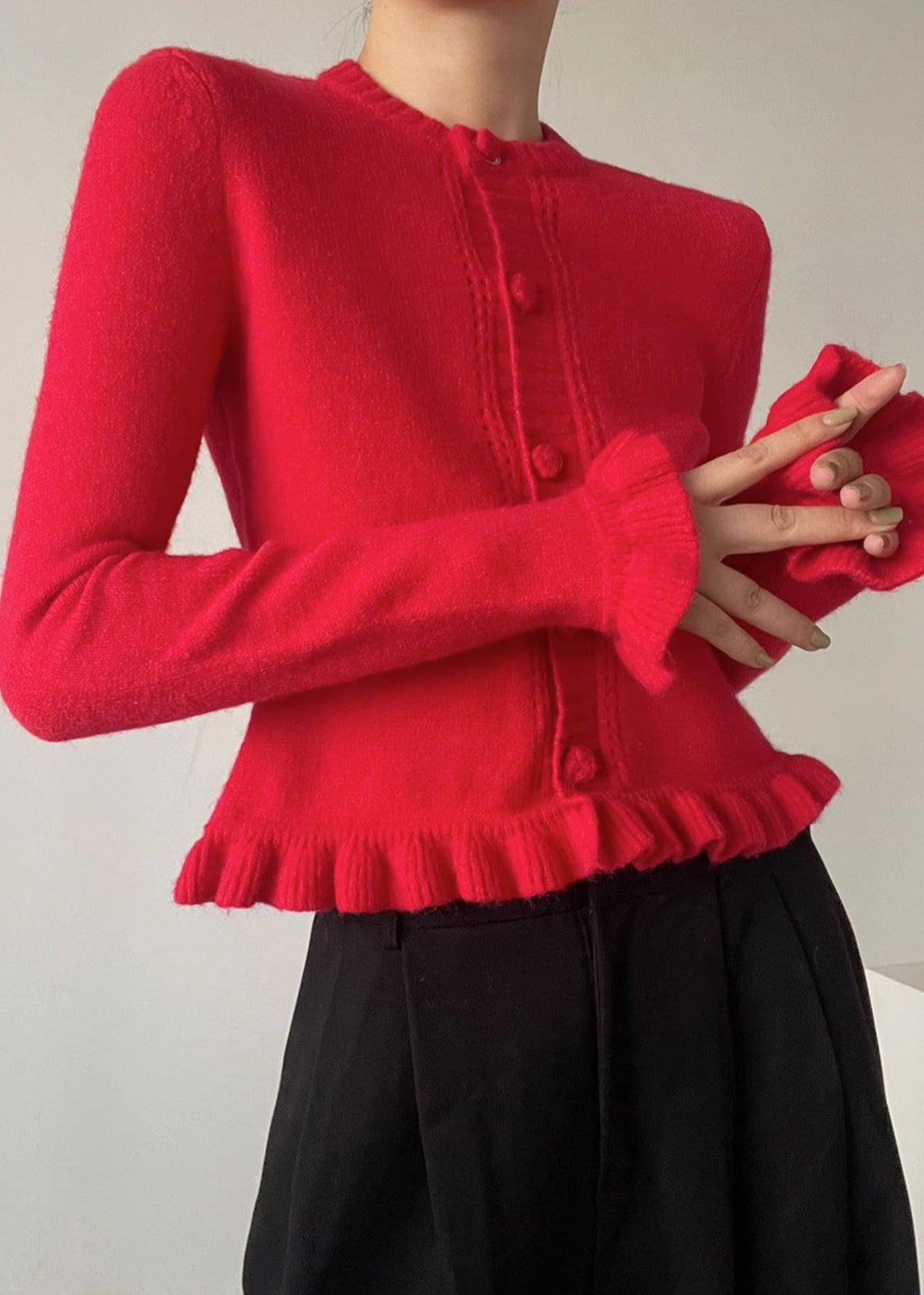 Dames Gebreid Vest met O-hals en Ruches 1