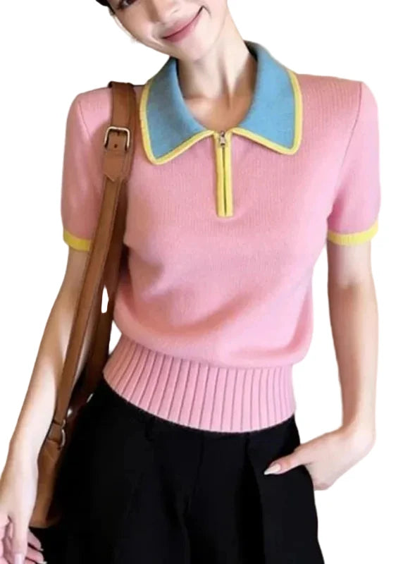 Dames Gebreide Blouse Peter Pan-kraag Patchwork Stijl 0