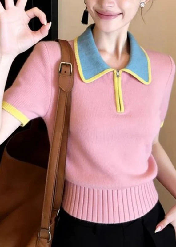 Dames Gebreide Blouse Peter Pan-kraag Patchwork Stijl 2