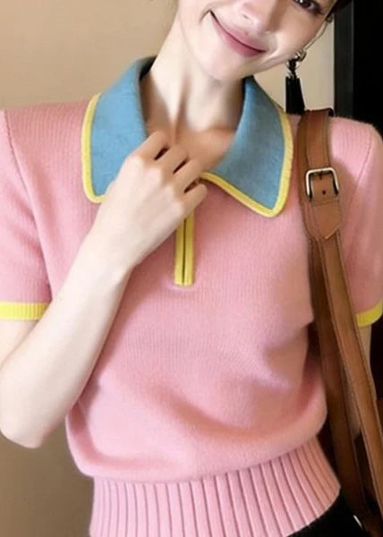 Dames Gebreide Blouse Peter Pan-kraag Patchwork Stijl 3