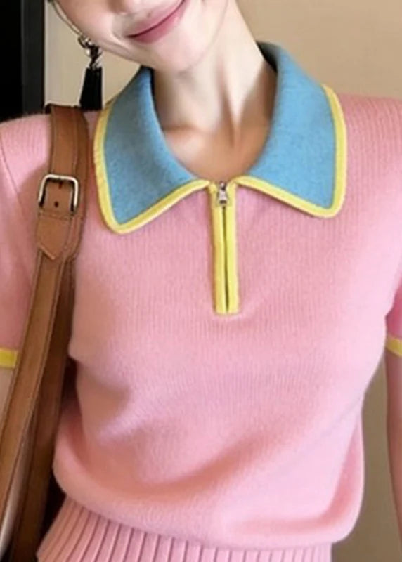 Dames Gebreide Blouse Peter Pan-kraag Patchwork Stijl 4