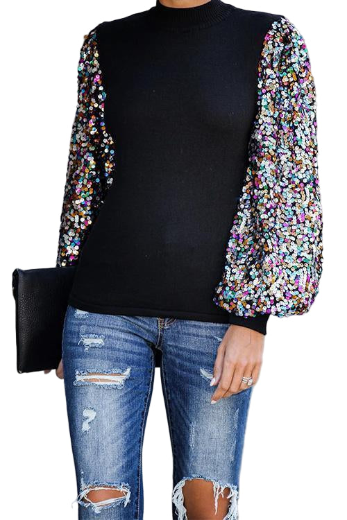 Dames Gebreide Blouse met Pailletten en Lantaarnmouwen 0