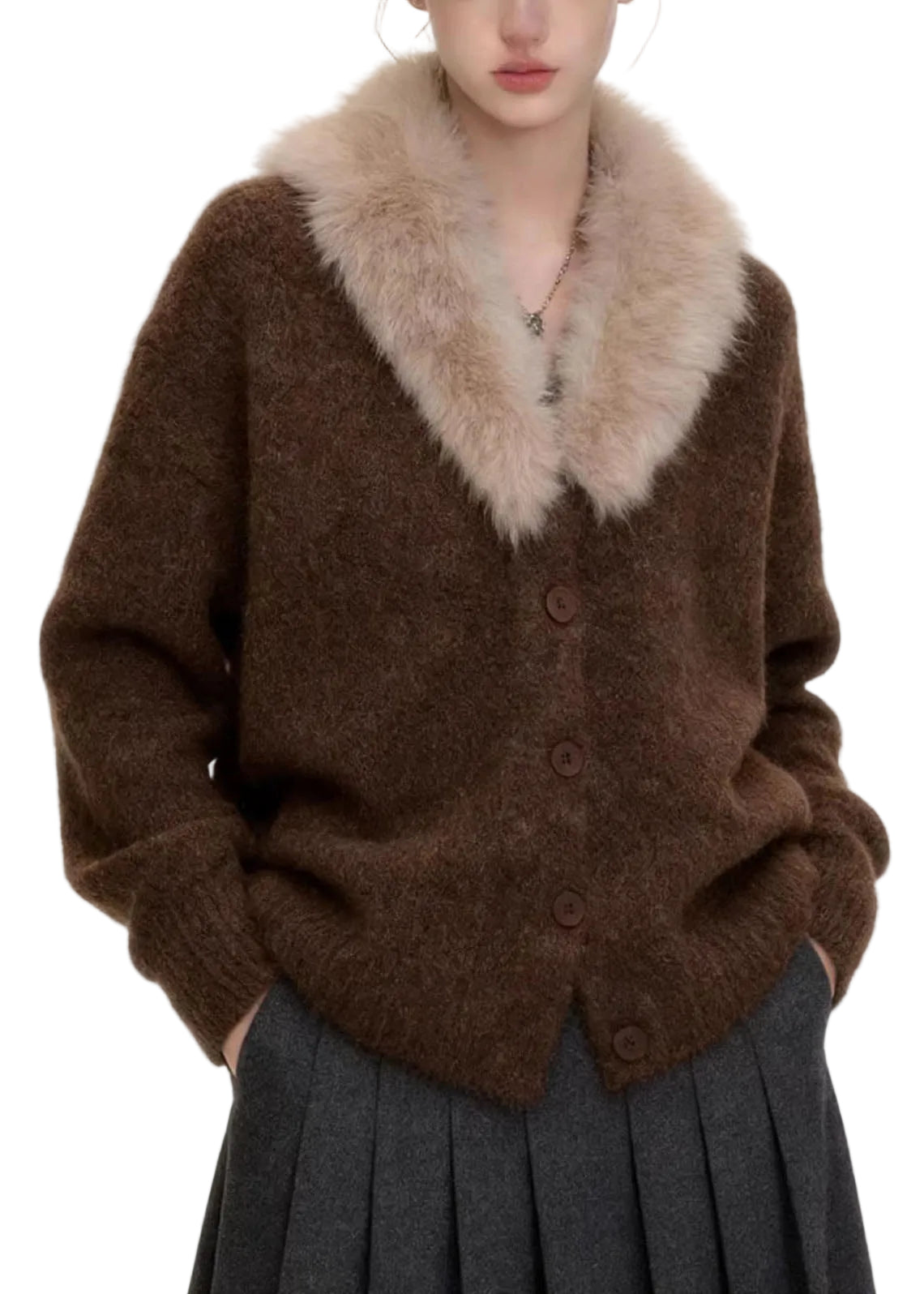 Dames Gebreide Jas Met Bontkraag Casual Herfststijl 0