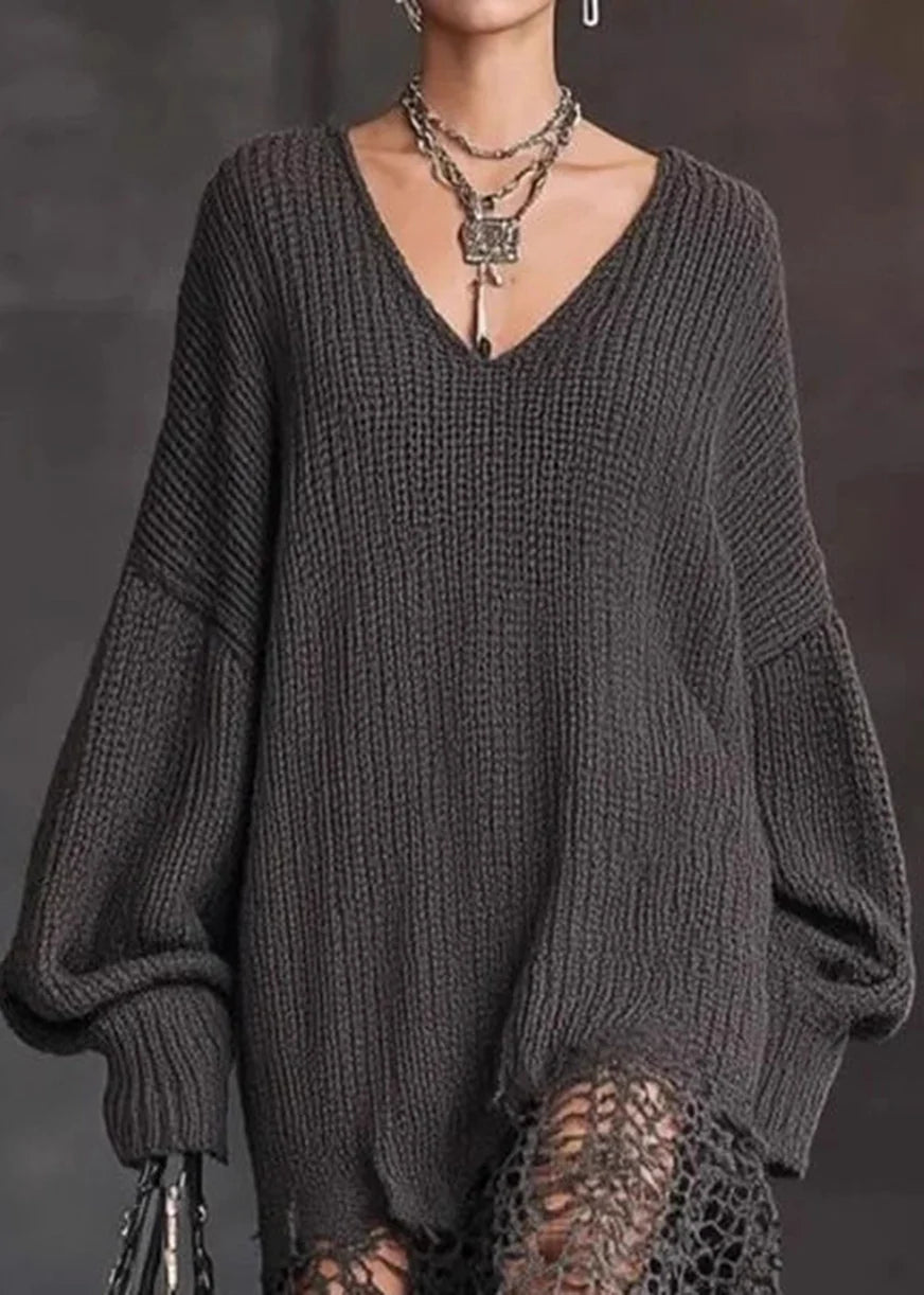 Dames Gebreide Jurk V-hals Asymmetrische Zoom 2