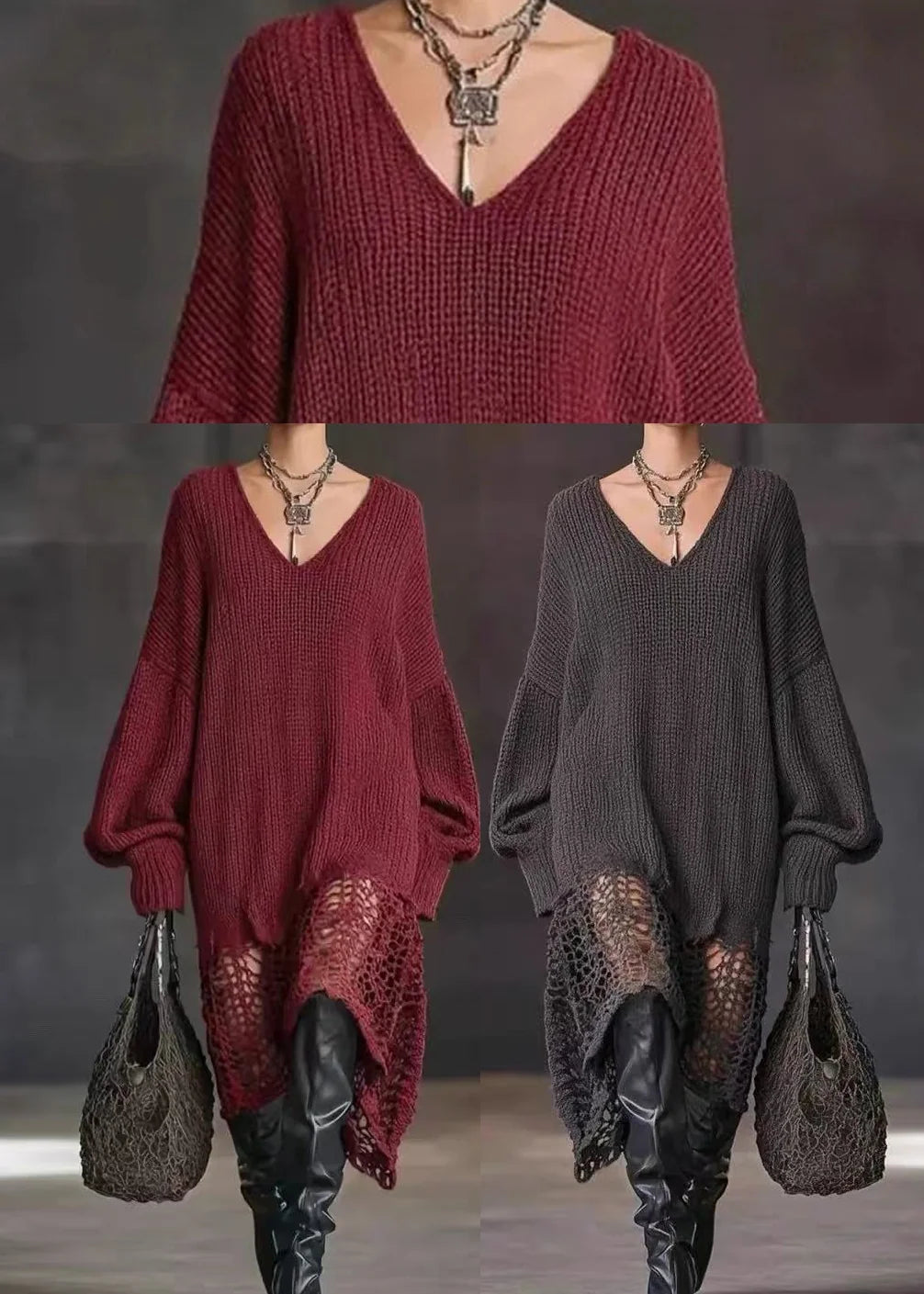 Dames Gebreide Jurk V-hals Asymmetrische Zoom 4