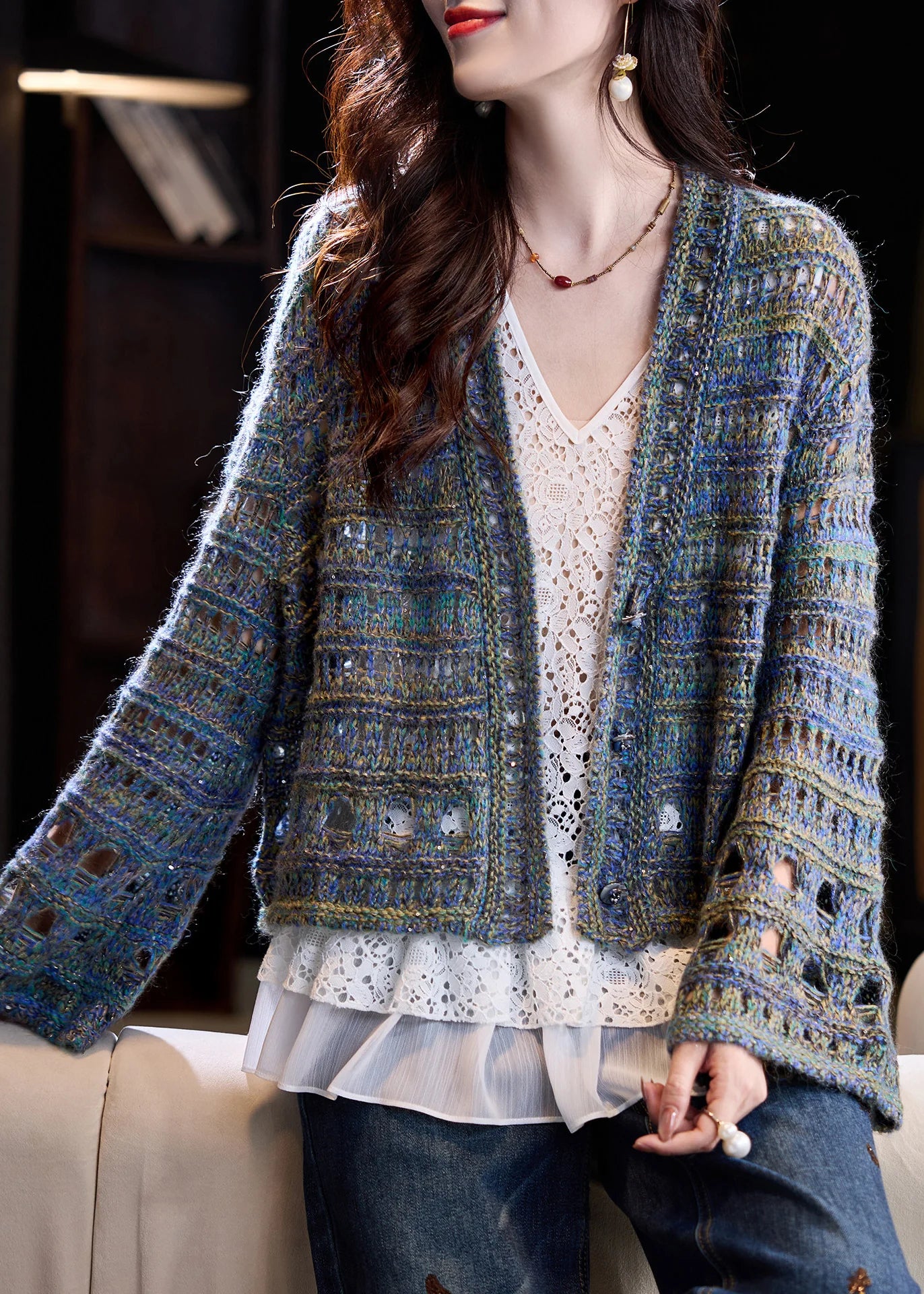 Dames Gebreide Oversized Jas Met Open Details 1
