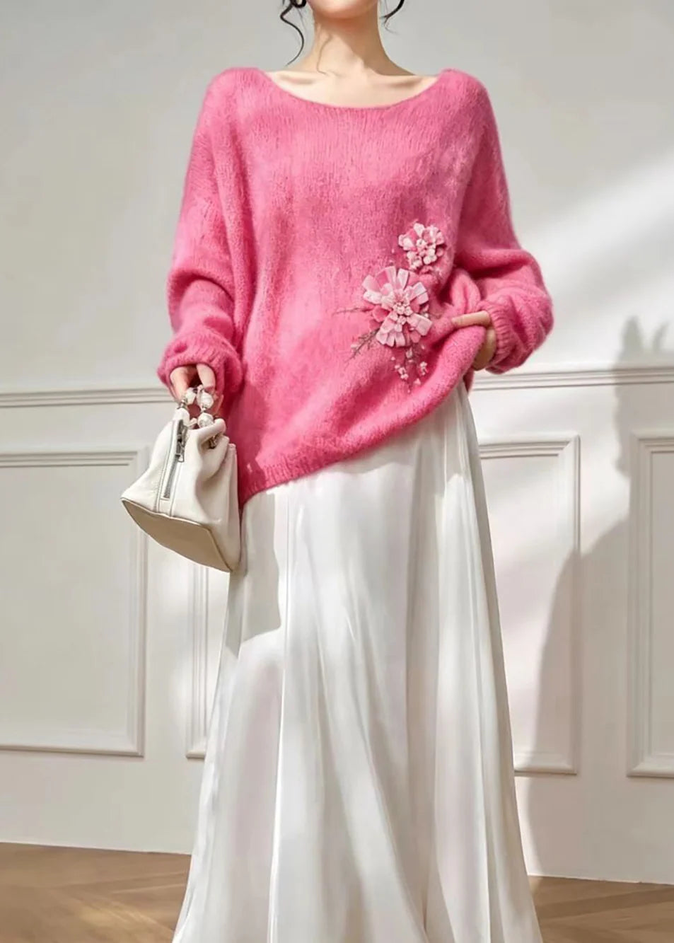 Dames Gebreide Top Oversized U-hals Met Kralen en Bloemenprint 3