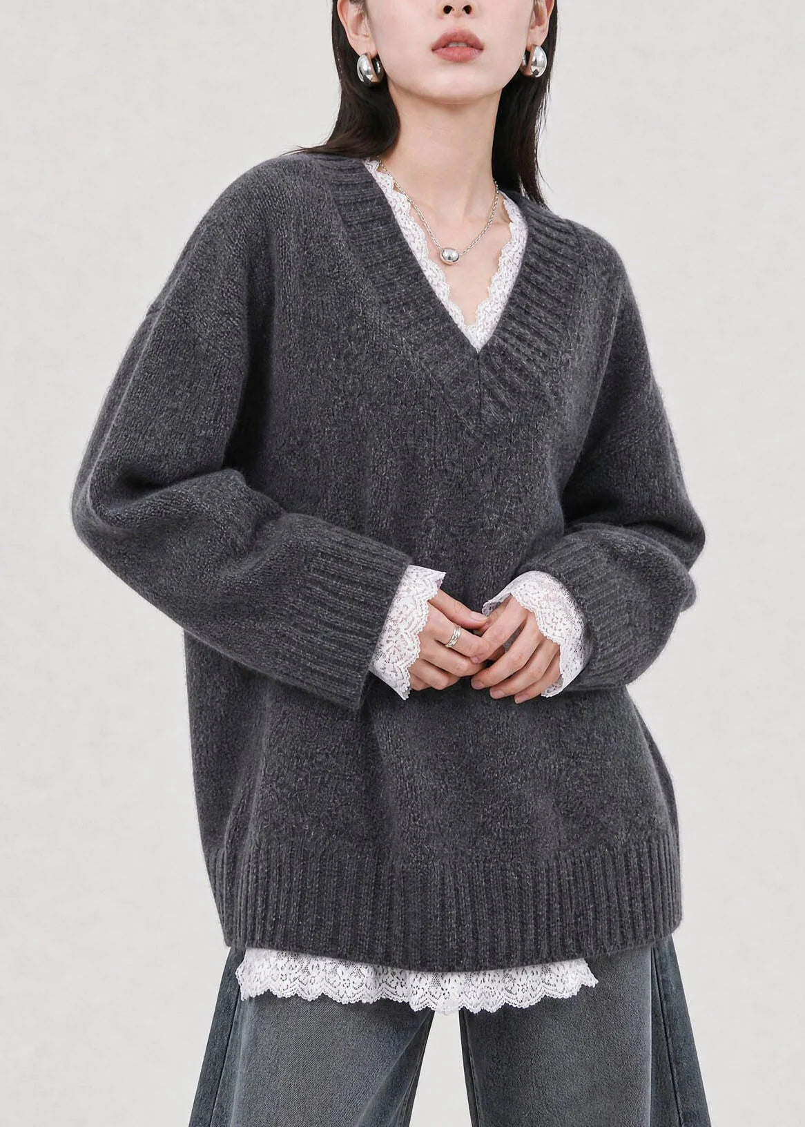 Dames Gebreide Trui V-hals Patchwork Stijl 1