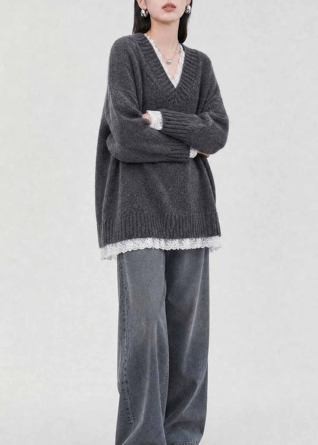 Dames Gebreide Trui V-hals Patchwork Stijl 2