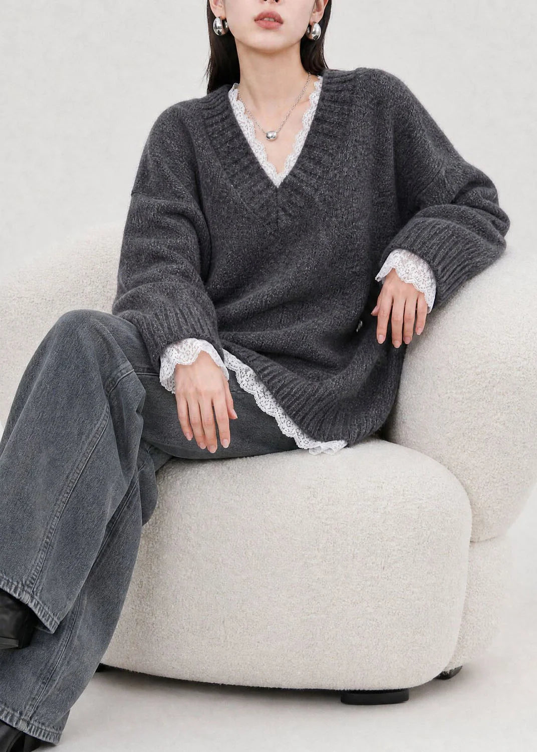 Dames Gebreide Trui V-hals Patchwork Stijl 4