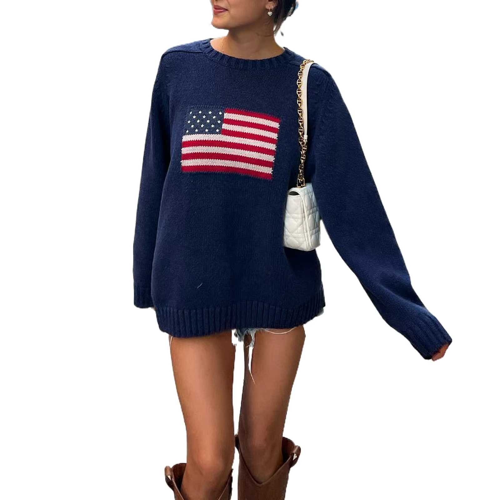 Dames Gebreide Trui met Amerikaanse Vlag Streetwear Stijl 3