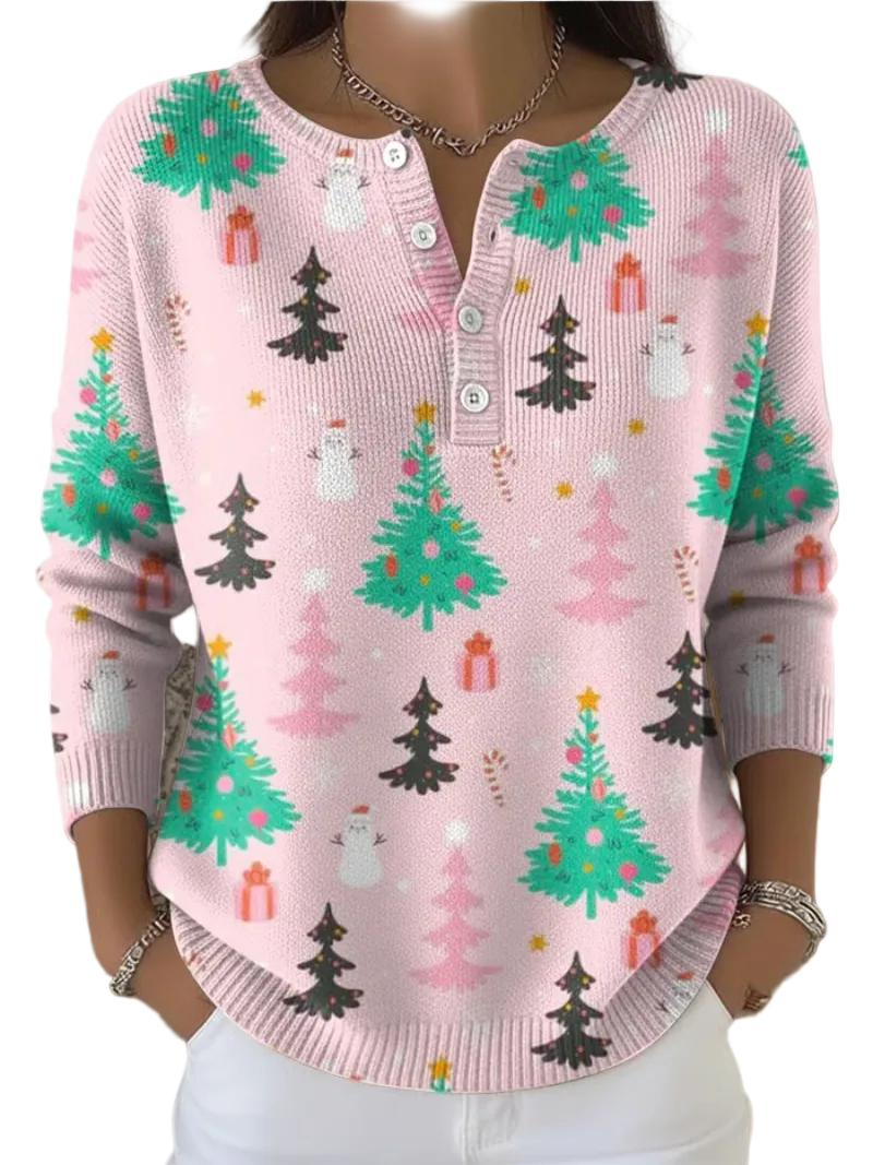 Dames Gebreide Trui met Kerstboomprint 0
