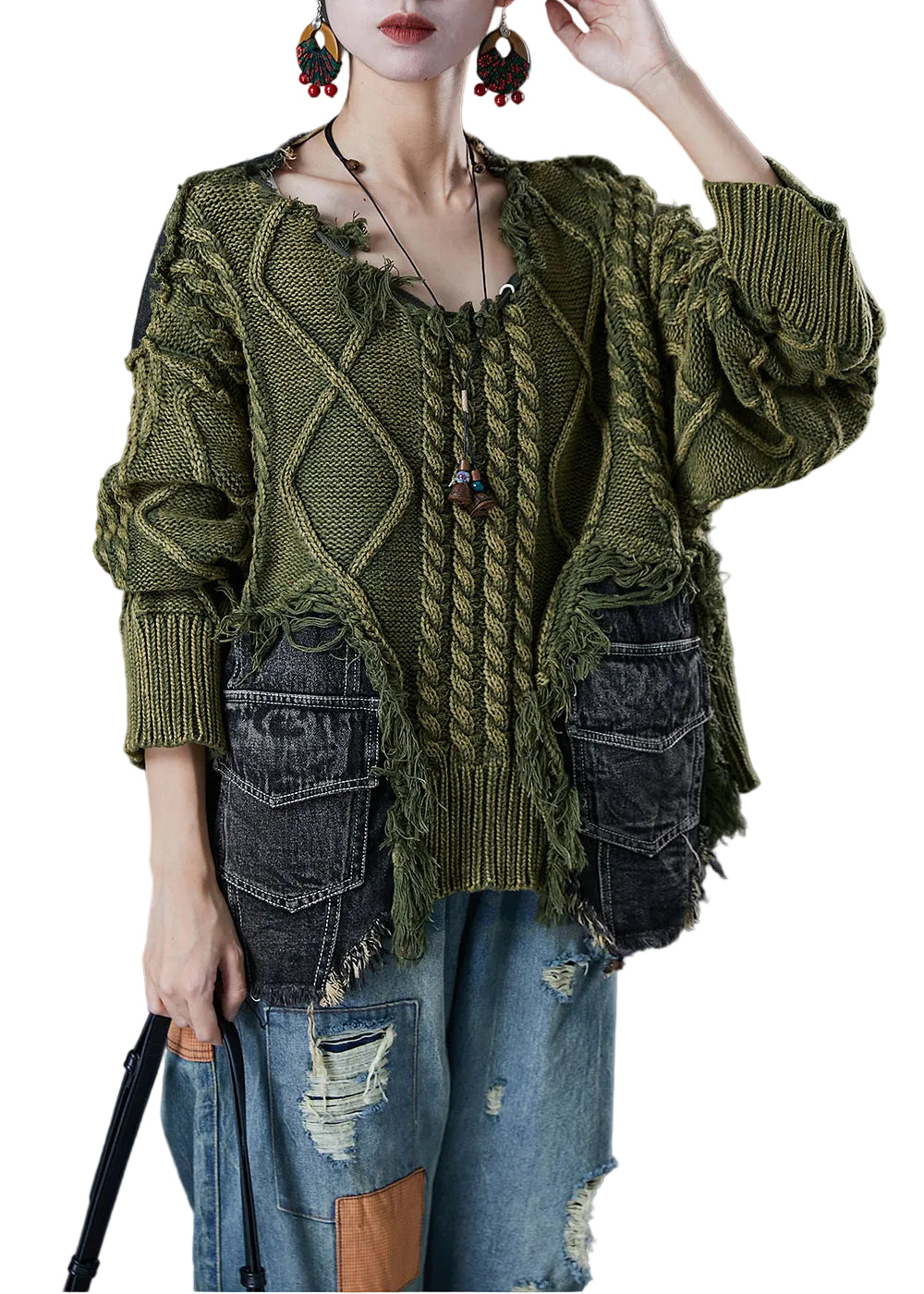 Dames Gebreide Truien Asymmetrisch in Groen Patchwork Denim 0