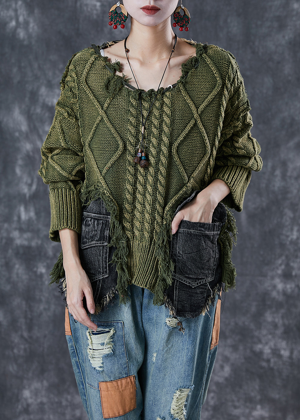 Dames Gebreide Truien Asymmetrisch in Groen Patchwork Denim 1