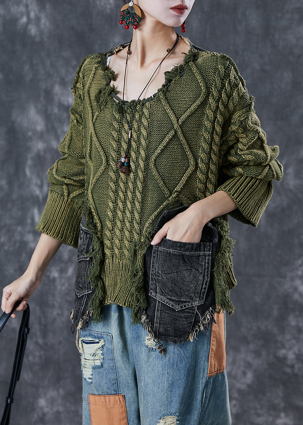 Dames Gebreide Truien Asymmetrisch in Groen Patchwork Denim 2
