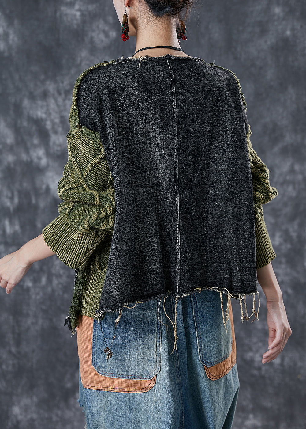 Dames Gebreide Truien Asymmetrisch in Groen Patchwork Denim 3