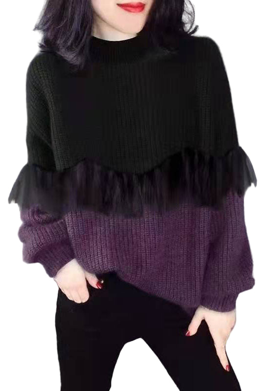 Dames Gebreide Truien met O-hals en Patchwork 0