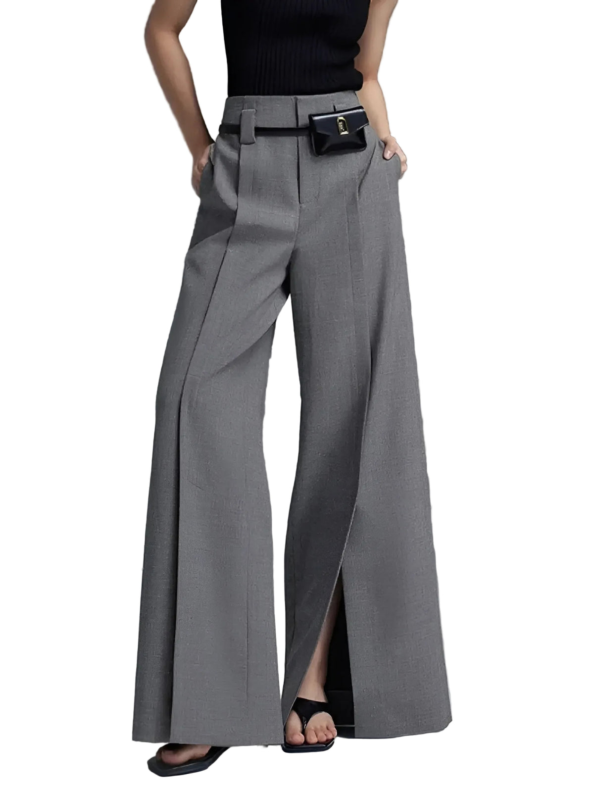 Dames Geplooide Broek met Split en Wijde Pijpen 0