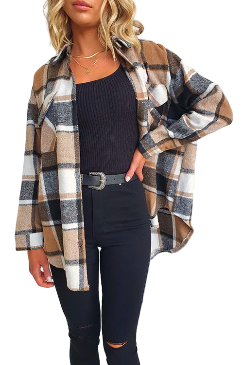 Dames Geruite Shacket Jas met Revers en Knoopzakken 0