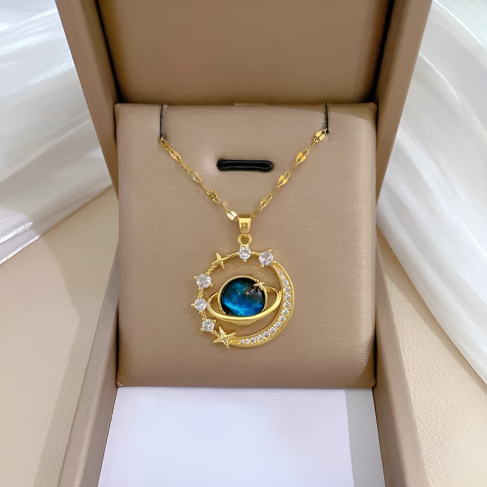 Dames Gouden Ketting met Aquamarijn en Kristallen 4