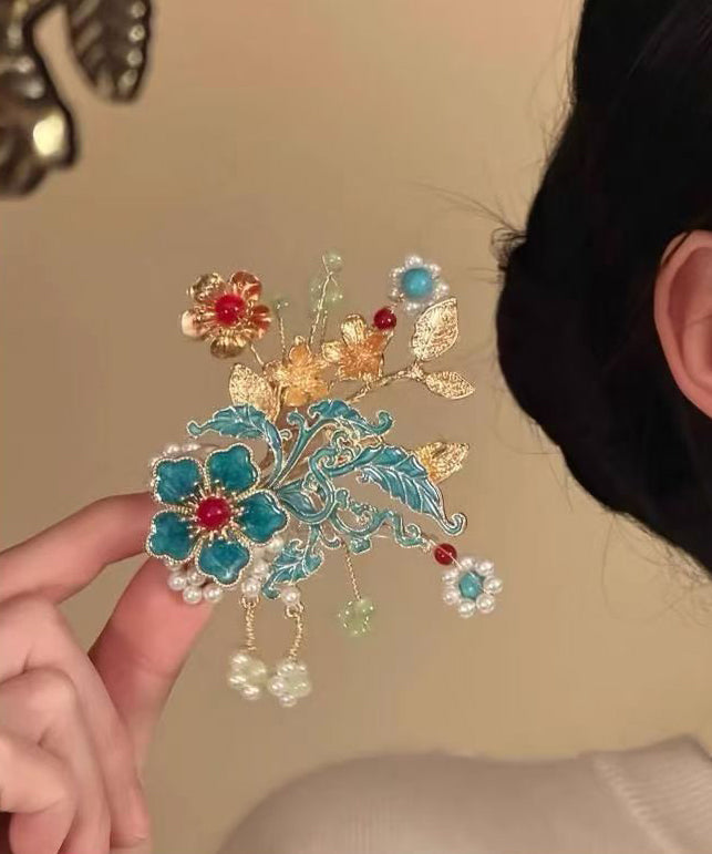 Dames Haarspeld Met Bloemen en Parel Kwastje 1
