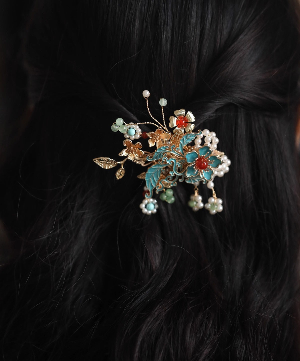 Dames Haarspeld Met Bloemen en Parel Kwastje 4