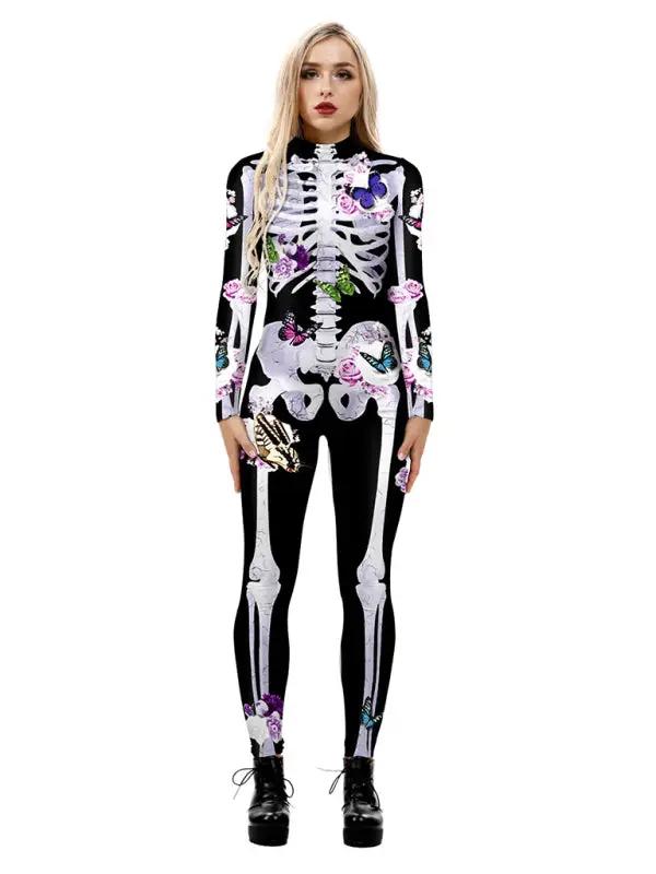 Dames Halloween Kostuum Geblümde Skelettprint 0