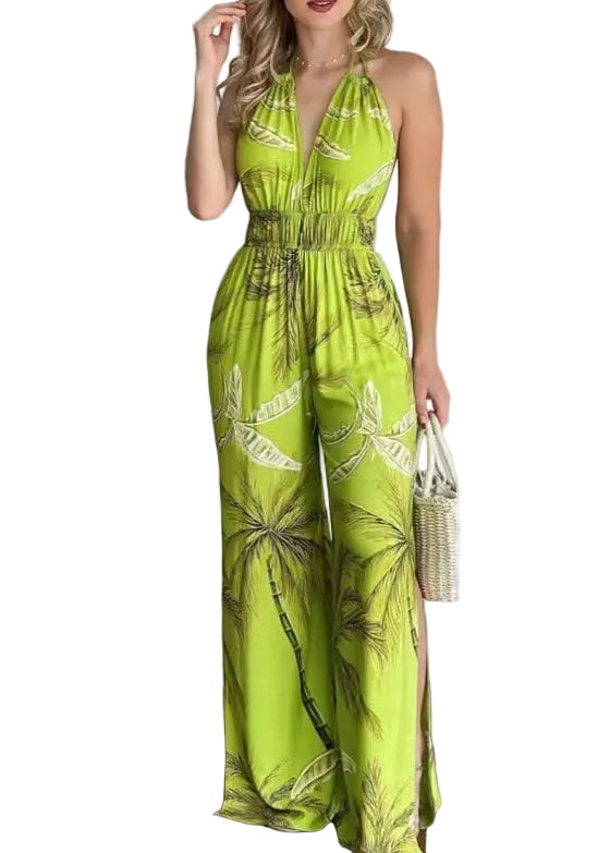 Dames Halter Jumpsuit Met Elastische Taille En Rugloze Print 0