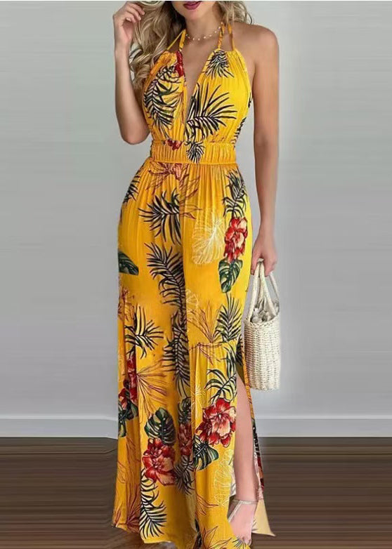 Dames Halter Jumpsuit Met Elastische Taille En Rugloze Print 1
