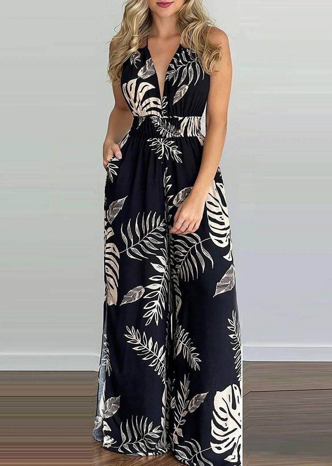 Dames Halter Jumpsuit Met Elastische Taille En Rugloze Print 3