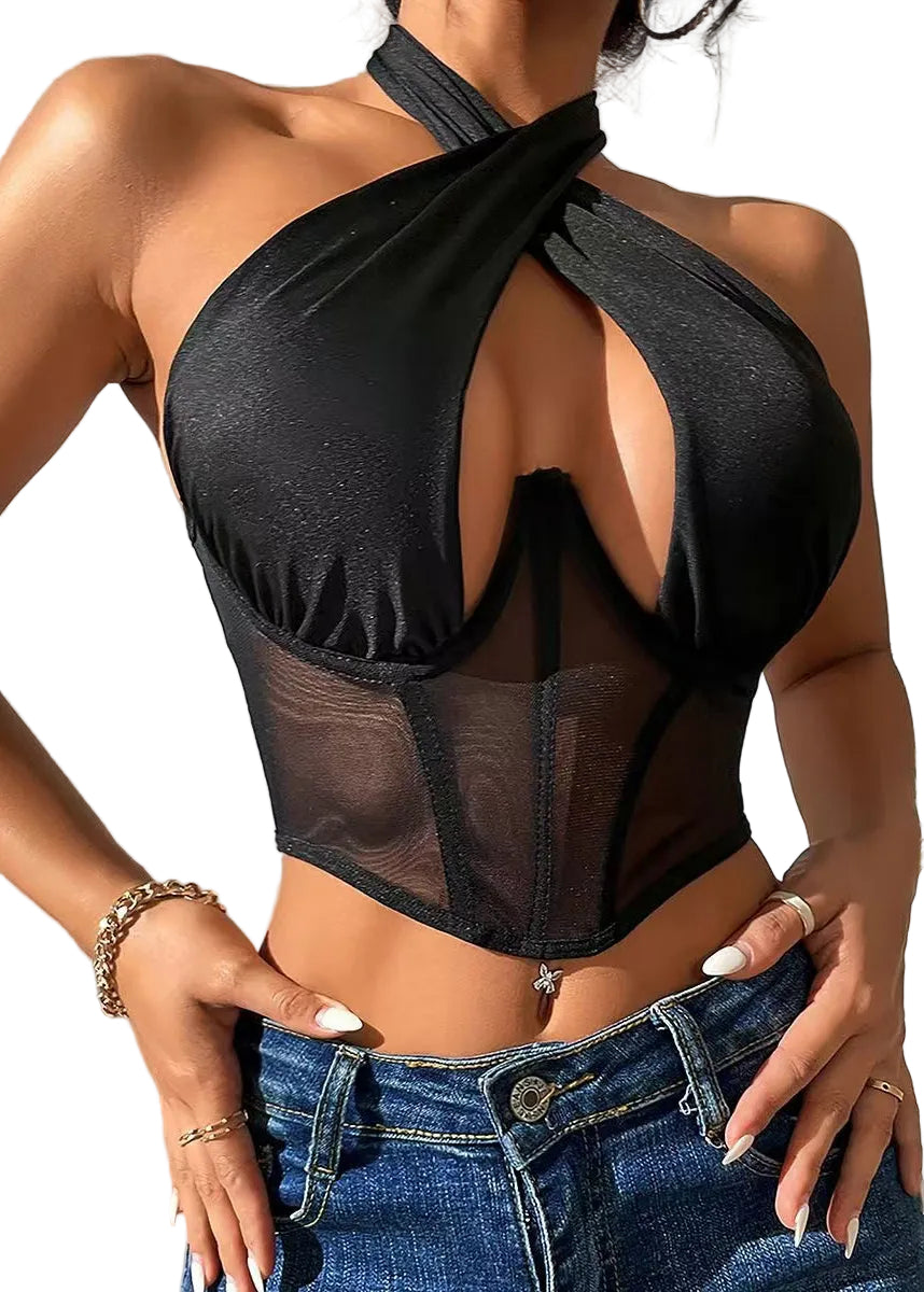 Dames Haltertop Uitgesneden Patchwork Stijl 0