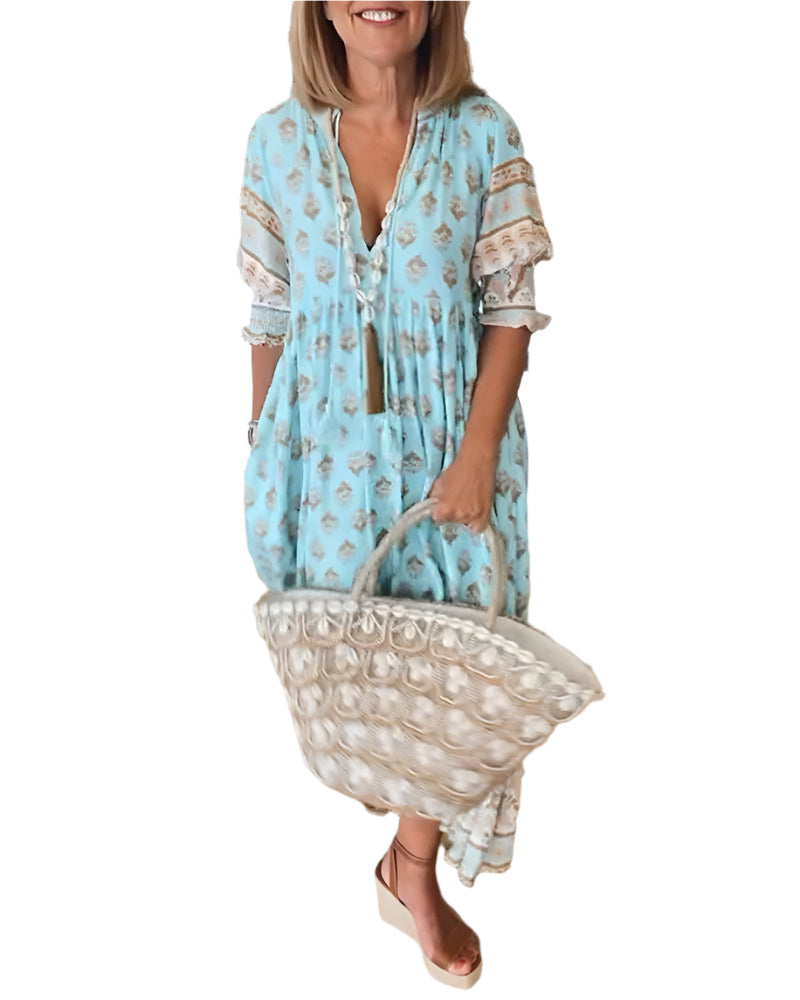 Dames Halve Mouw Jurk V-Hals Gedrukt 0