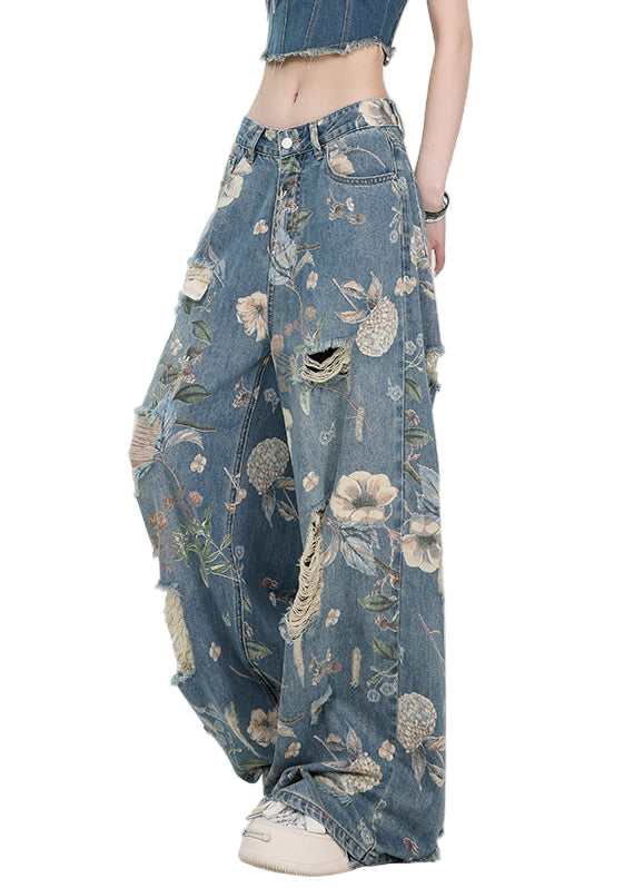 Dames Hoge Taille Denim Broek met Uniek Blauw Patroon 0