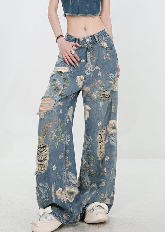 Dames Hoge Taille Denim Broek met Uniek Blauw Patroon 2