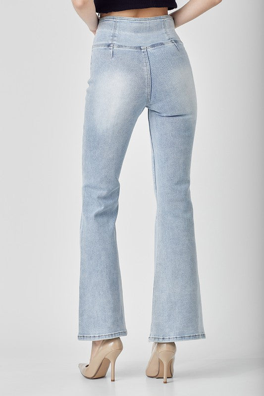 Dames Hoge Taille Flared Jeans Licht Denim 3