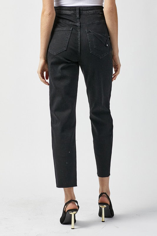 Dames Hoge Taille Mom Fit Jeans Gewassen Zwart 3