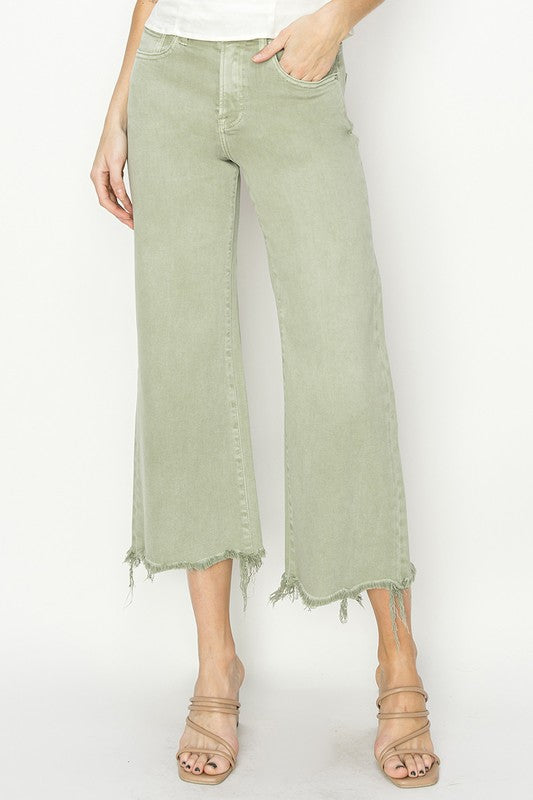 Dames Hoge Taille Wijde Cropped Broek Groen 1