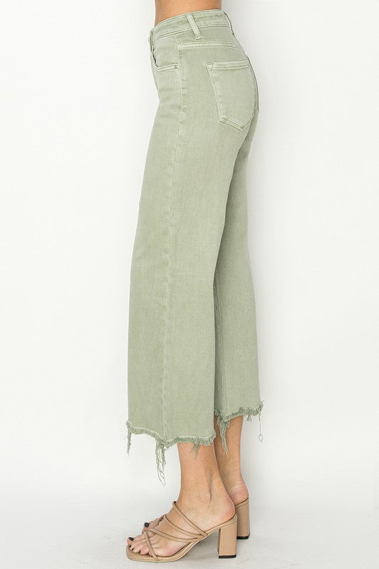 Dames Hoge Taille Wijde Cropped Broek Groen 2
