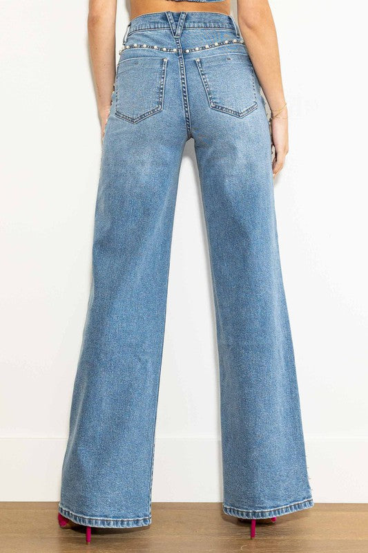 Dames Hoge Taille Wijde Jeans Medium Stone 2